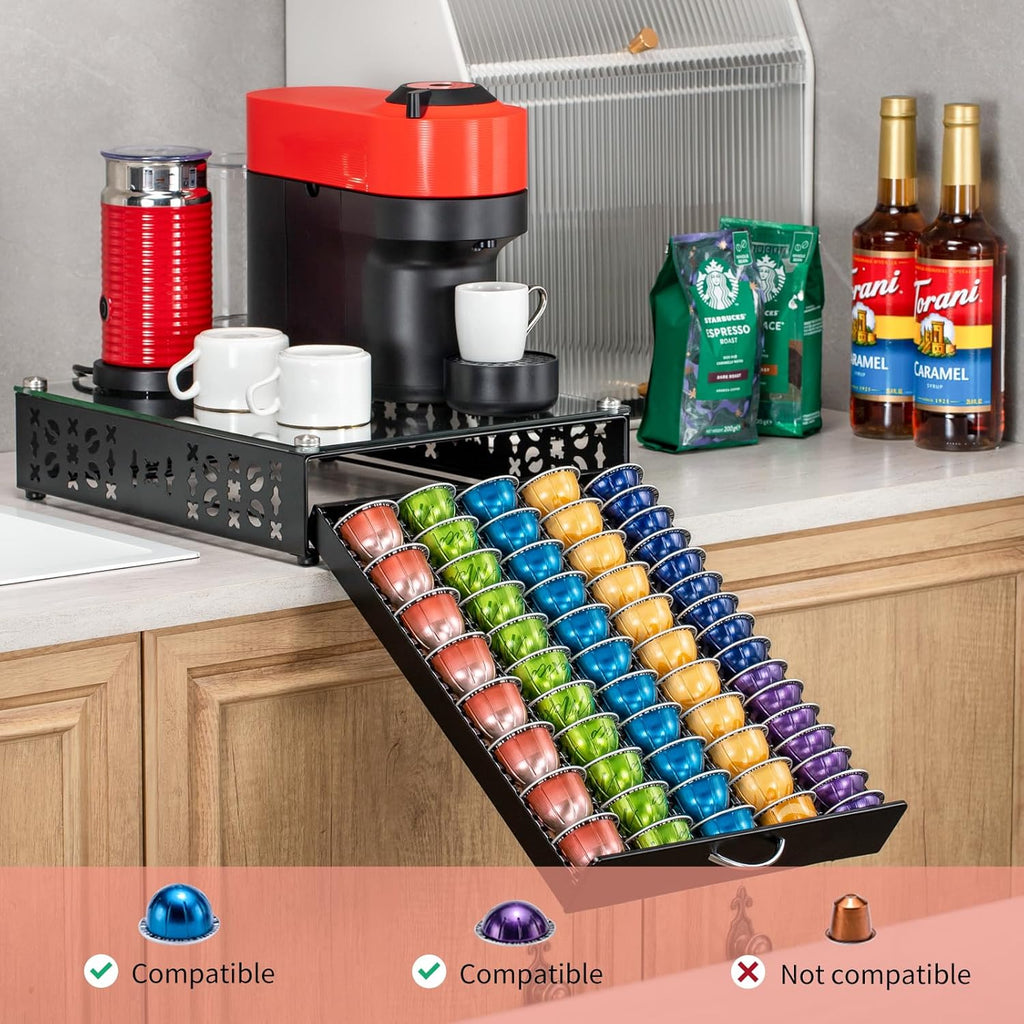 ZCDCP for Coffee Pod Holder, Vertuo Pod Holder Drawer Glass Top Coffee Pod Organizer Storage (50 Pods Capacity)