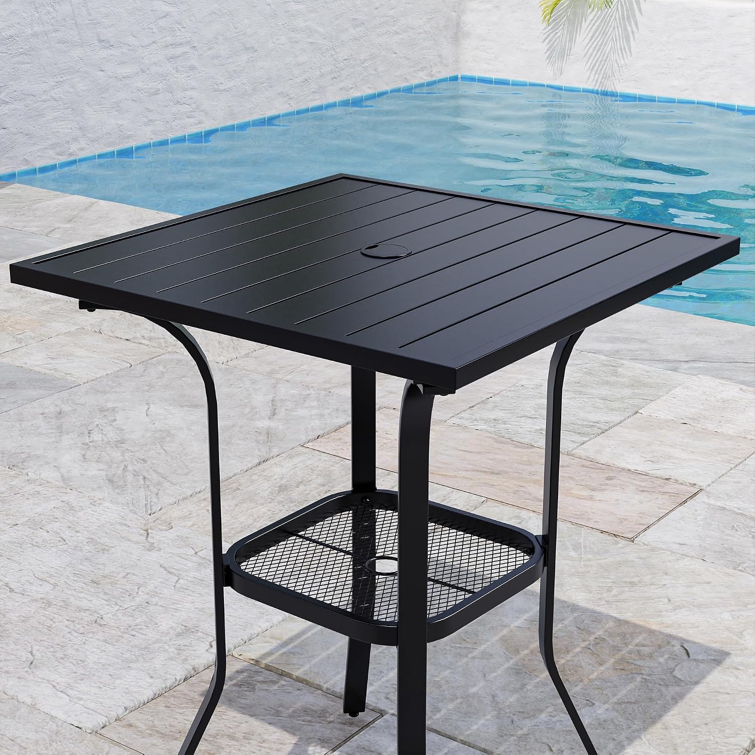 VICLLAX Outdoor Bar Table with Umbrella Hole, Tall Top Patio Furniture for Lawn Garden, Black Tabletop with Storage Shelf