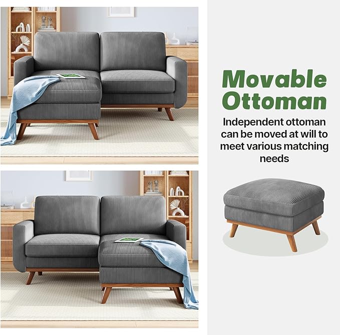 Vesgantti 68" Loveseat Sofa with Movable Ottoman, Comfy Corduroy Couch with Spring Cushion, Sofa Couch with Solid Wood, Modern Office Sofa with Deep Seat for Living Room and Bedroom, Dark Gray