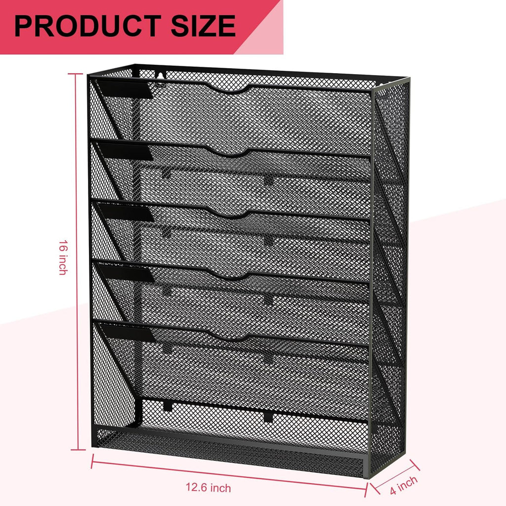 Hanging Wall File Organizer 6 Tier Wall Mounted Mail Paper Folder Holder Document Organization Stand, Vertical Desk Magazine Rack for Office Home Cubicle Countertop, Black