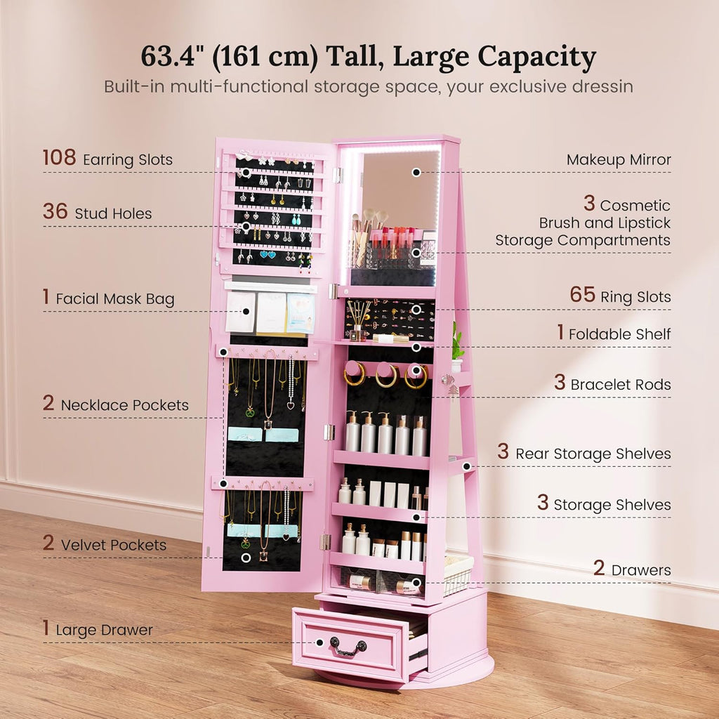 LVSOMT LED Mirror Jewelry Cabinet Standing, 360°Swivel Jewelry Armoire with Full Length Mirror, Mirror with Jewelry Storage and Large Wooden Drawer for Christmas Gifts (Pink)