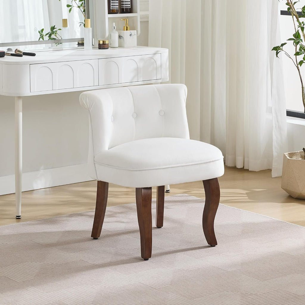 WUTUTUEE Velvet Vanity Chair with Back, Tufted Upholstered Vanity Stool with Solid Wood Legs, Mid Century Small Makeup Chair for Vanity, Accent Chair for Bedroom, Living Room, White