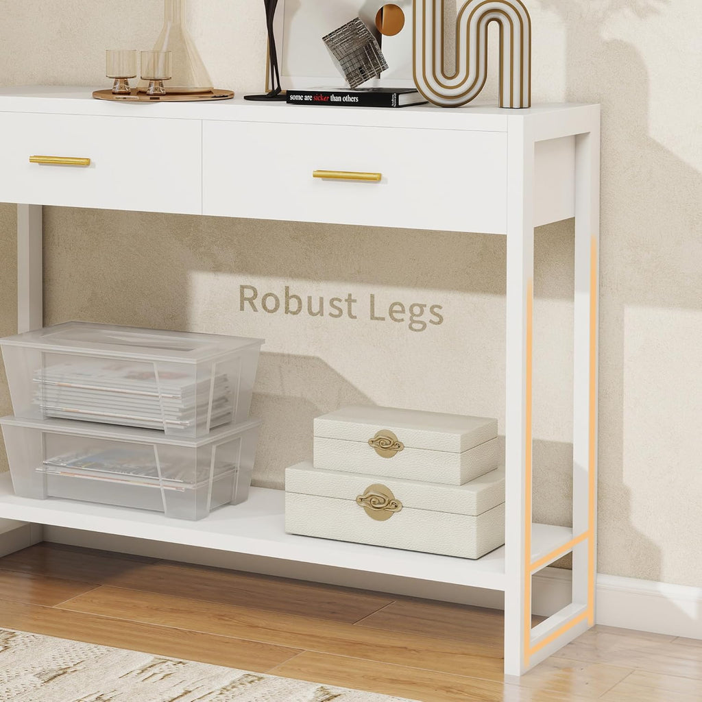 Entryway Table, Console Table with Motion Sensor Light, Sofa Table with 2 Drawers and Storage Shelf, Entryway Cabinet and Sideboard Cabinet for Hallway, Foyer, Living Room, White