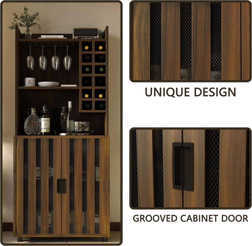 71" Kitchen Pantry Cabinet with 12 Wine Bottle Racks, Kitchen Hutch Food...