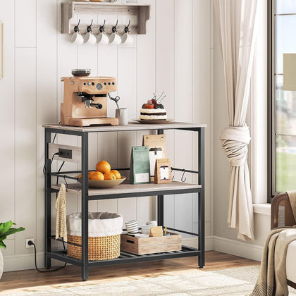 HOOBRO Kitchen Island with Storage, Kitchen Island Table with Power Outlet, 3 Tier Coffee Station and Microwave Stand, for Home, Dining Room, Greige and Black BG021ZD01