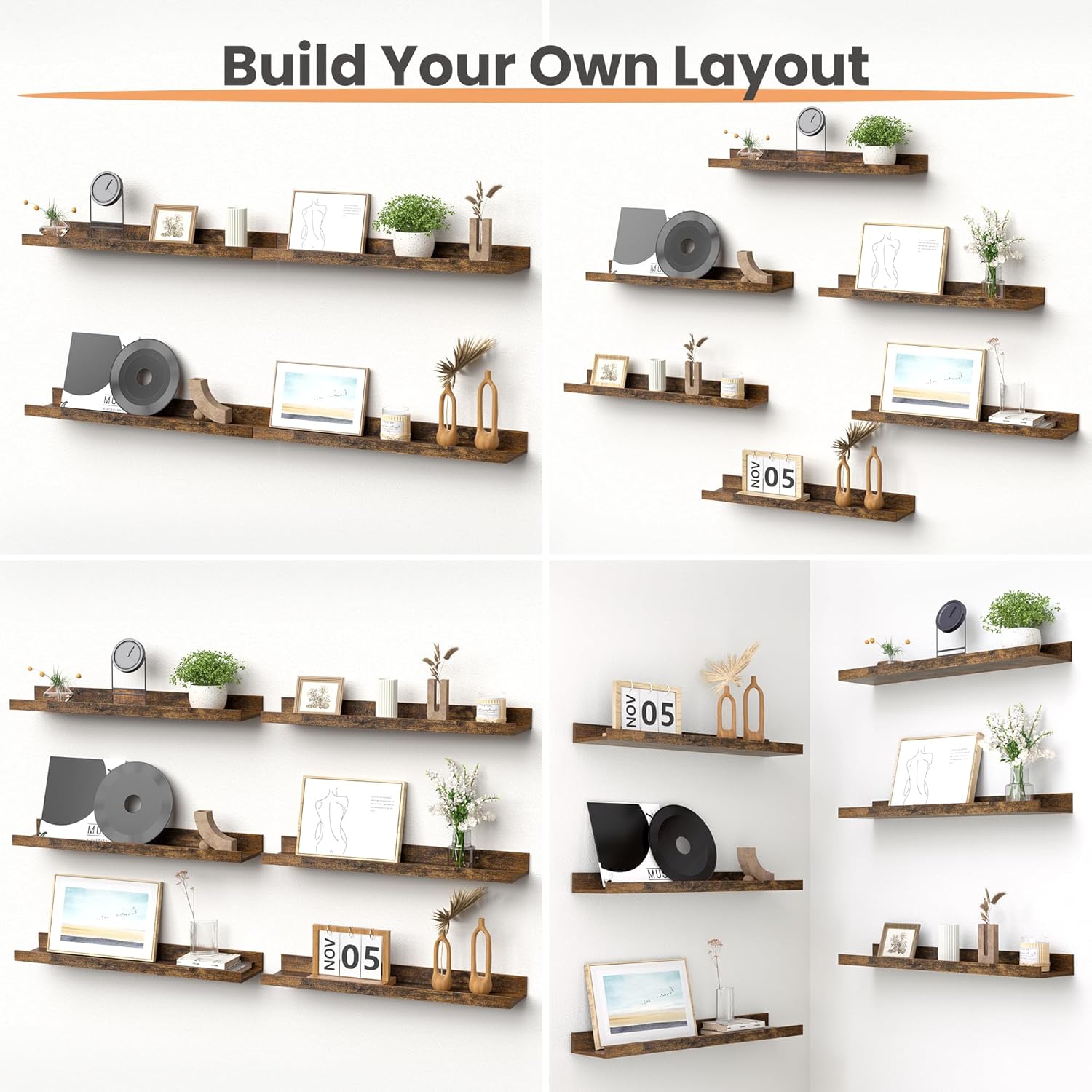 upsimples Floating Shelves for Wall, 23.6 Inch Shelves for Decor Storage Set of 6, Wall Mounted Wood Shelf for Bedroom, Living Room, Bathroom, Kitchen, Long Picture Ledge Shelves, Brown