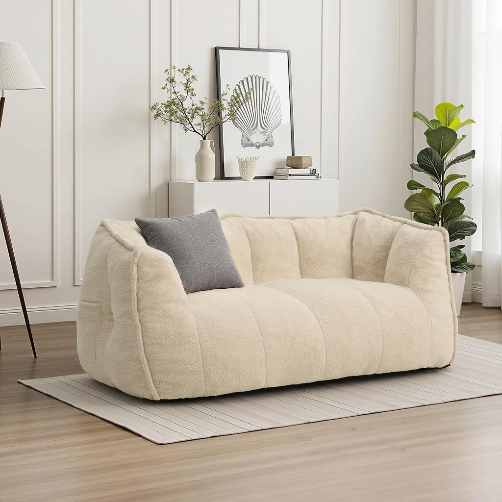 Pamapic 59" Teddy Fabric Bean Bag Chair, 2 Seat Loveseat Sofa,Teddy Fabric Sofa Bed for Adults,Fit Living Room, Bedroom,Outdoor Spaces,Fluffy Comfort Washable Cover,72h Rebound,White