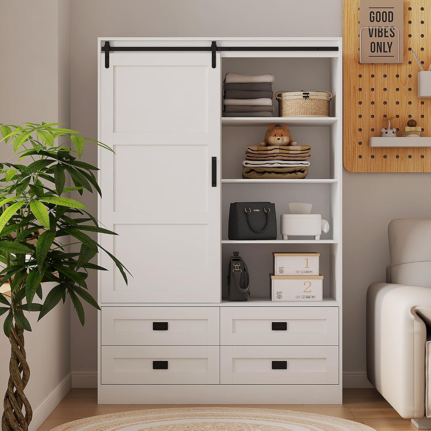 Wardrobe Closet with Sliding Barn Door, Wooden Bedroom Armoire Wardrobe Cabinet Closet with 4 Drawers, Adjustable Shelves and Hanging Rod, Bedroom Storage Closet Cabinet for Hanging Clothes, White