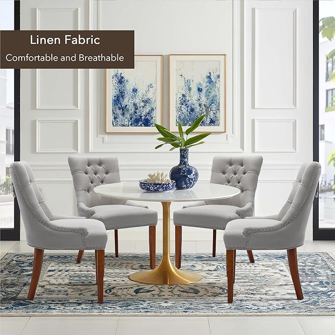 Upholstered Dining Chairs with Arms, Set of 6, Dining Room Chairs with Solid Wood Legs and Tufted Backrest(Linen+Grey)