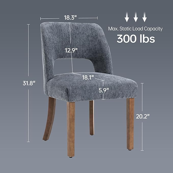 keoni Wooden Dining Chairs Set of 6, Mid Century Modern Upholstered Dining Room Chairs with Rubberwood Legs, Fabric Farmhouse Kitchen Chairs with Foot Pegs for Dining Room, Navy Blue