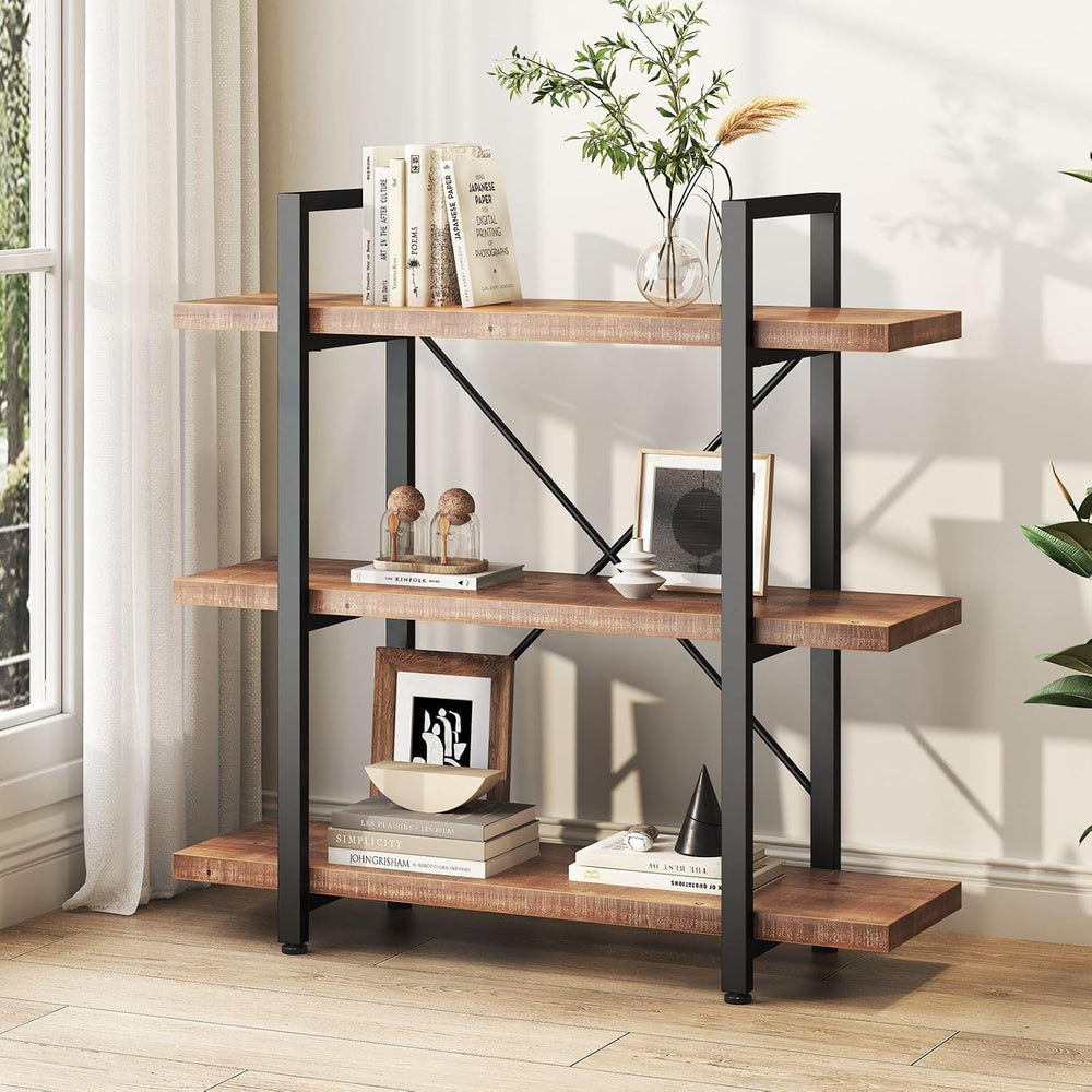 HSH 3 Tier Industrial Solid Wood Bookshelf, Distressed Brown