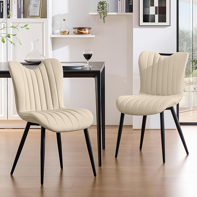 Leather Upholstered Dining Chairs Set of 2, Mid-Century Modern Kitchen Dining Room Chairs with Black Metal Legs, Armless Faux Leather Accent Dinner Chairs Kitchen Side Chairs, Beige