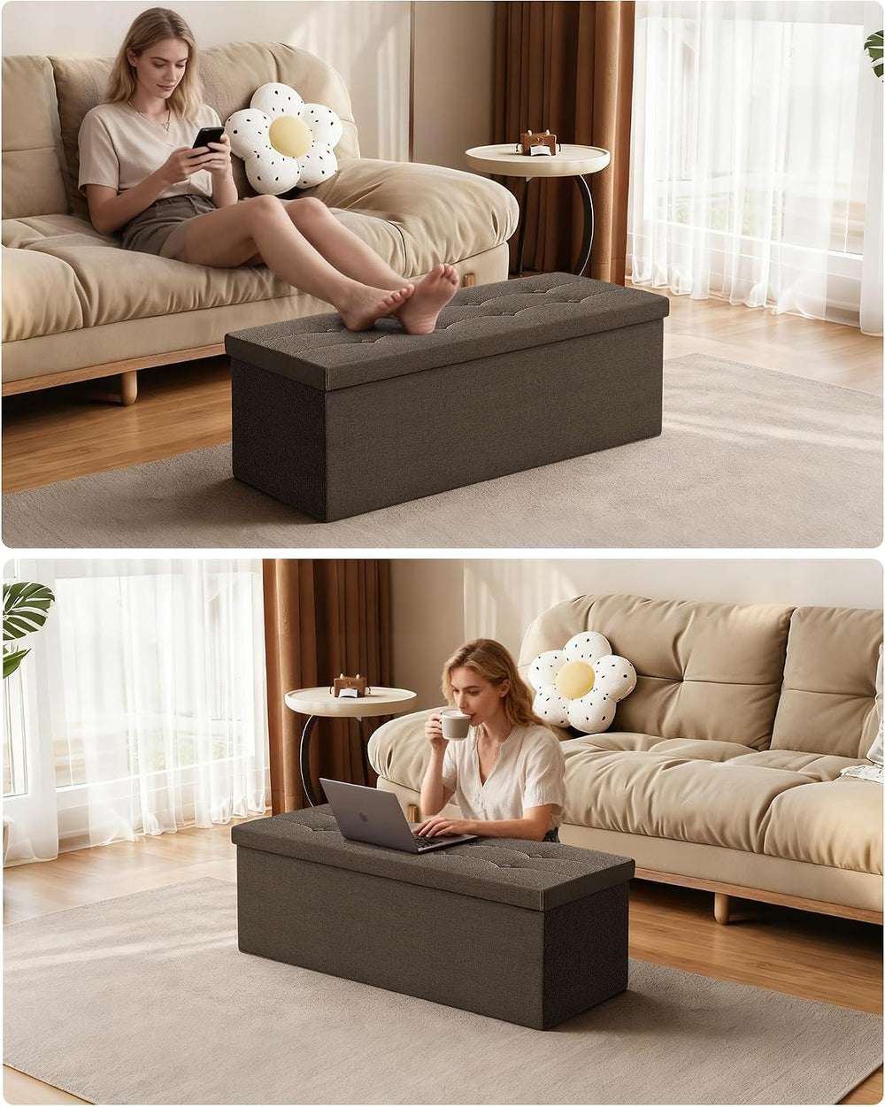 GLAXYFUR 43 Inches Folding Storage Ottoman Bench, Storage Chest, Brown | Otto...