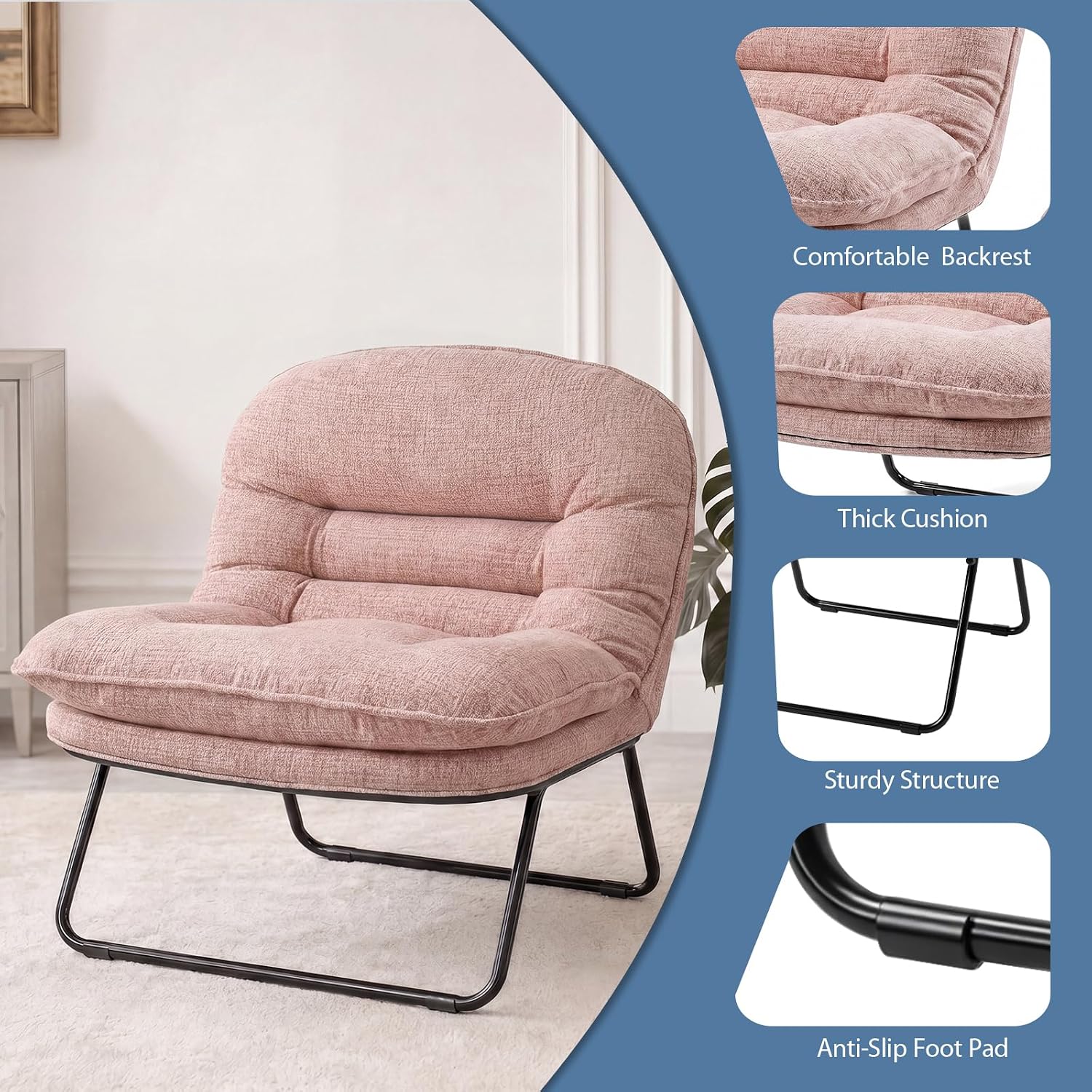 DUMOS Comfy Saucer Chair, Small Foldable Floor Chair, Fabric | Adjustable Back Support, Bedroom, Living Room, Dorm Gaming, Small Spaces Apartment, Adults, Dark Pink
