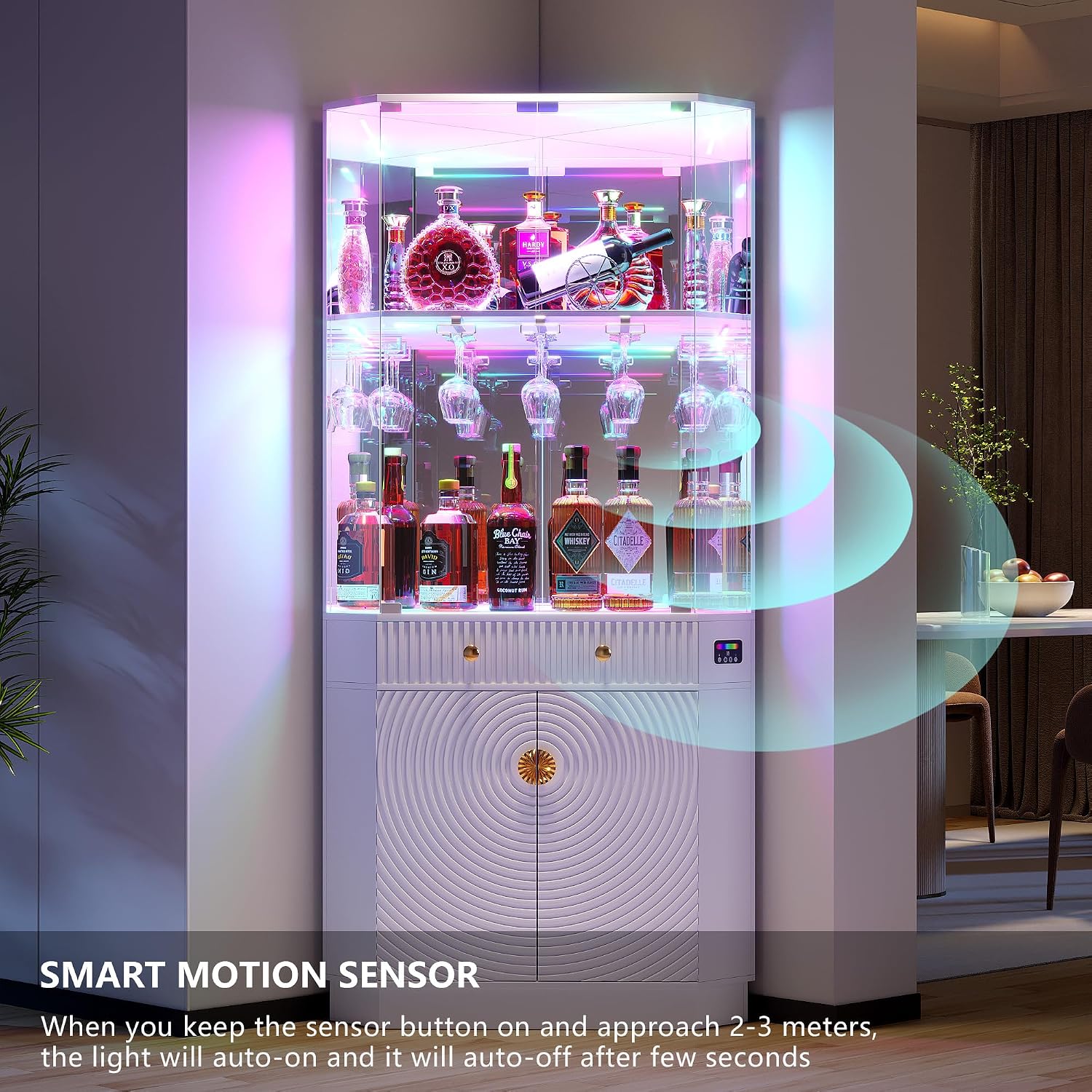 Vlsrka 71" Tall Corner Bar Cabinet with RGB Lighting & Motion Sensor LED | Corner Wine Cabinet with Mirror Back & Glass Doors, Modern Liquor Cabinet with Textured Storage for home living room, White