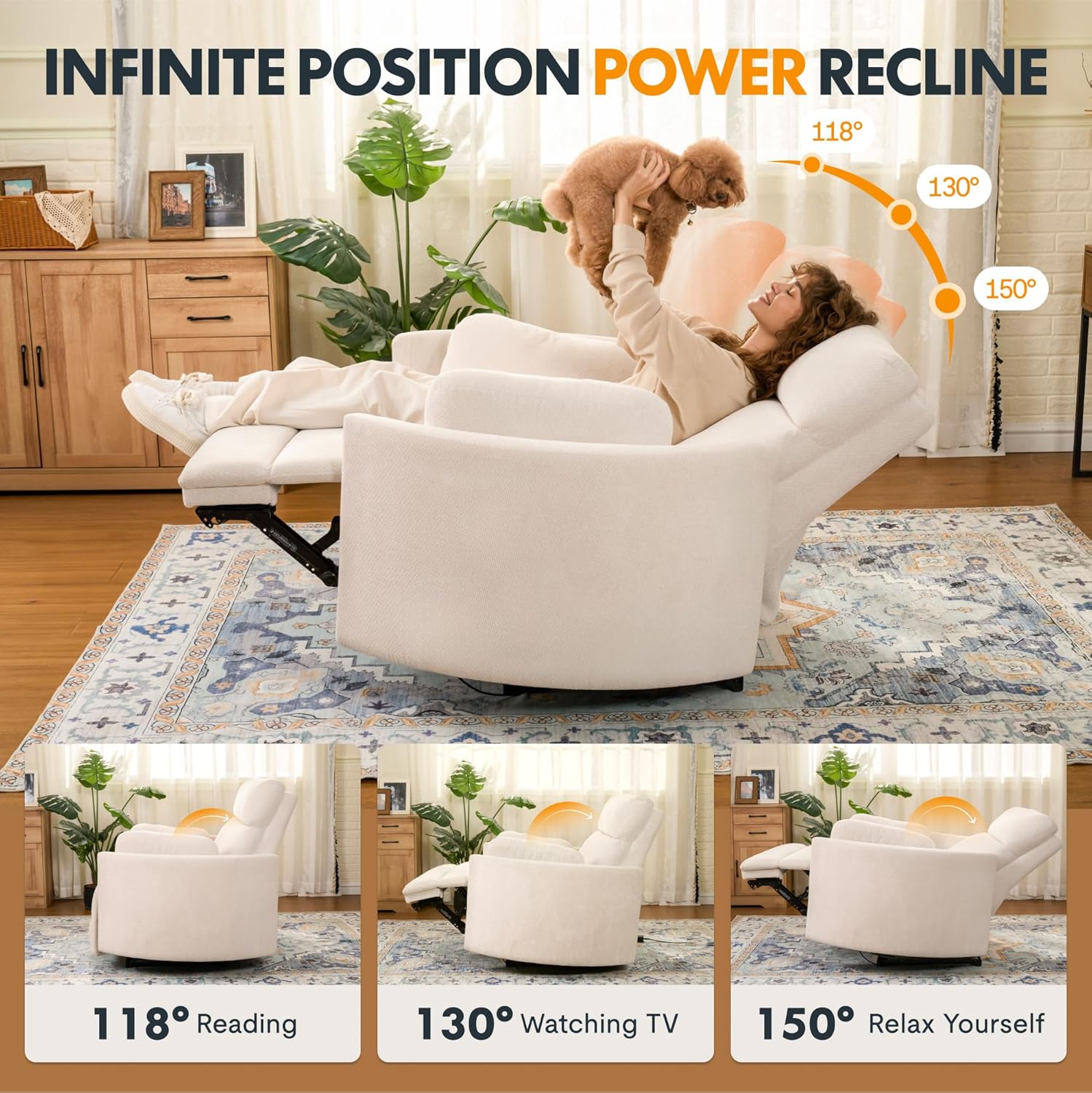 FLEXISPOT Mochi Oversized 54" Power Recliner Chair for Big and Tall Adults, Chenille Fabric Electric Recliner with USB & Type-C Ports, Wide Single Sofa with Pillows for Living Room & Bedroom, Beige