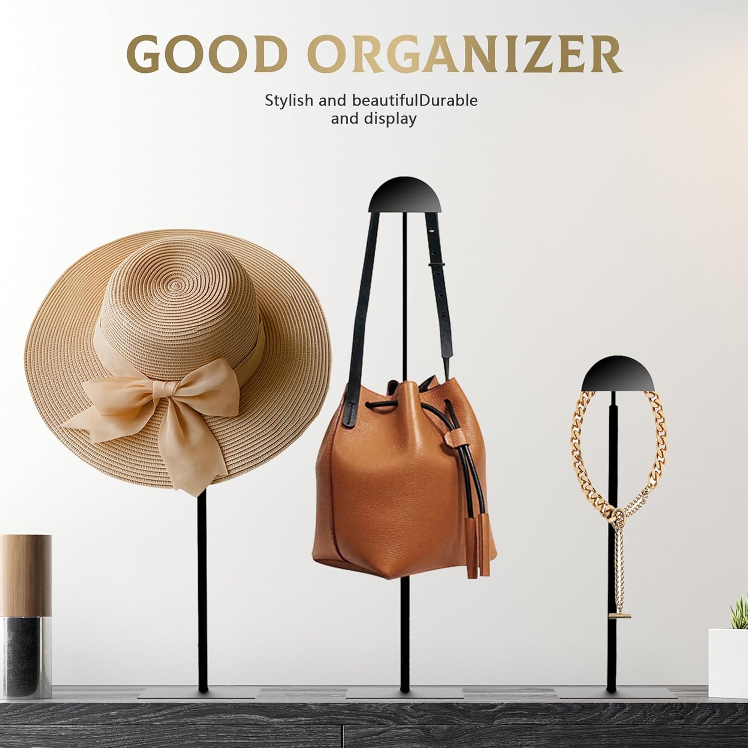 Purse Display Stand Adjustable Height Black Purse Rack for Handbags Necklaces Scarves Hats & Headphones 14" - 24" Purse Hanger Shelf for Retail Display