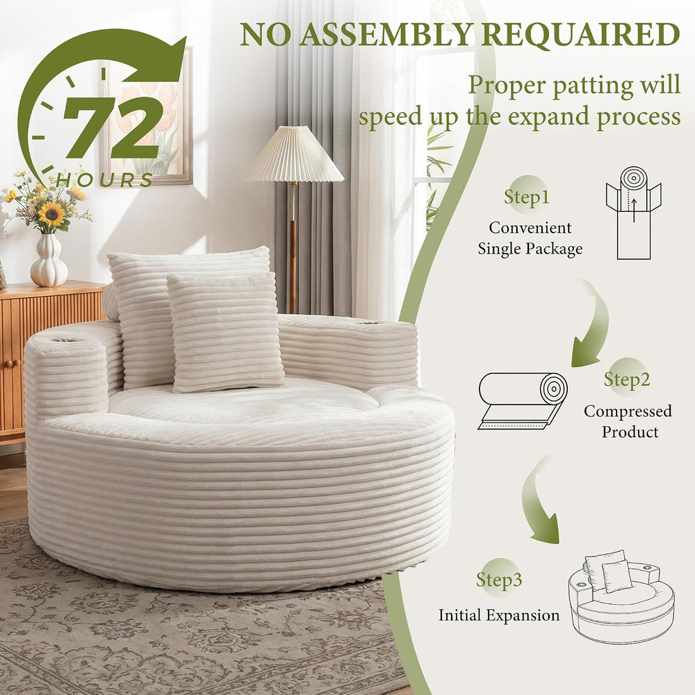 55.5" Oversized Round Chaise Lounge Chair Indoor, Corduroy White | Moder...