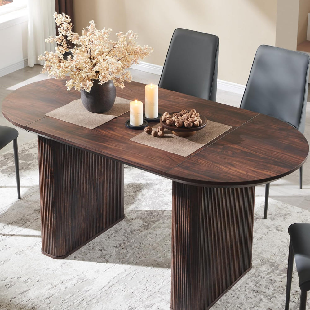 T4TREAM 63" Fluted Oval Dining Table for Kitchen Living Room, Walnut | M...