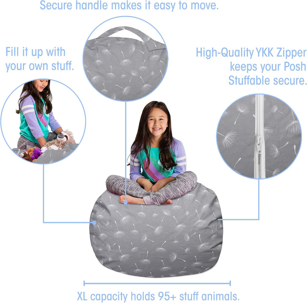 Posh Creations Kids Stuffed Animal Storage Bean Bag Chair Cover - Childrens Toy Organizer, Large-38in, Canvas White Dandelions on Gray