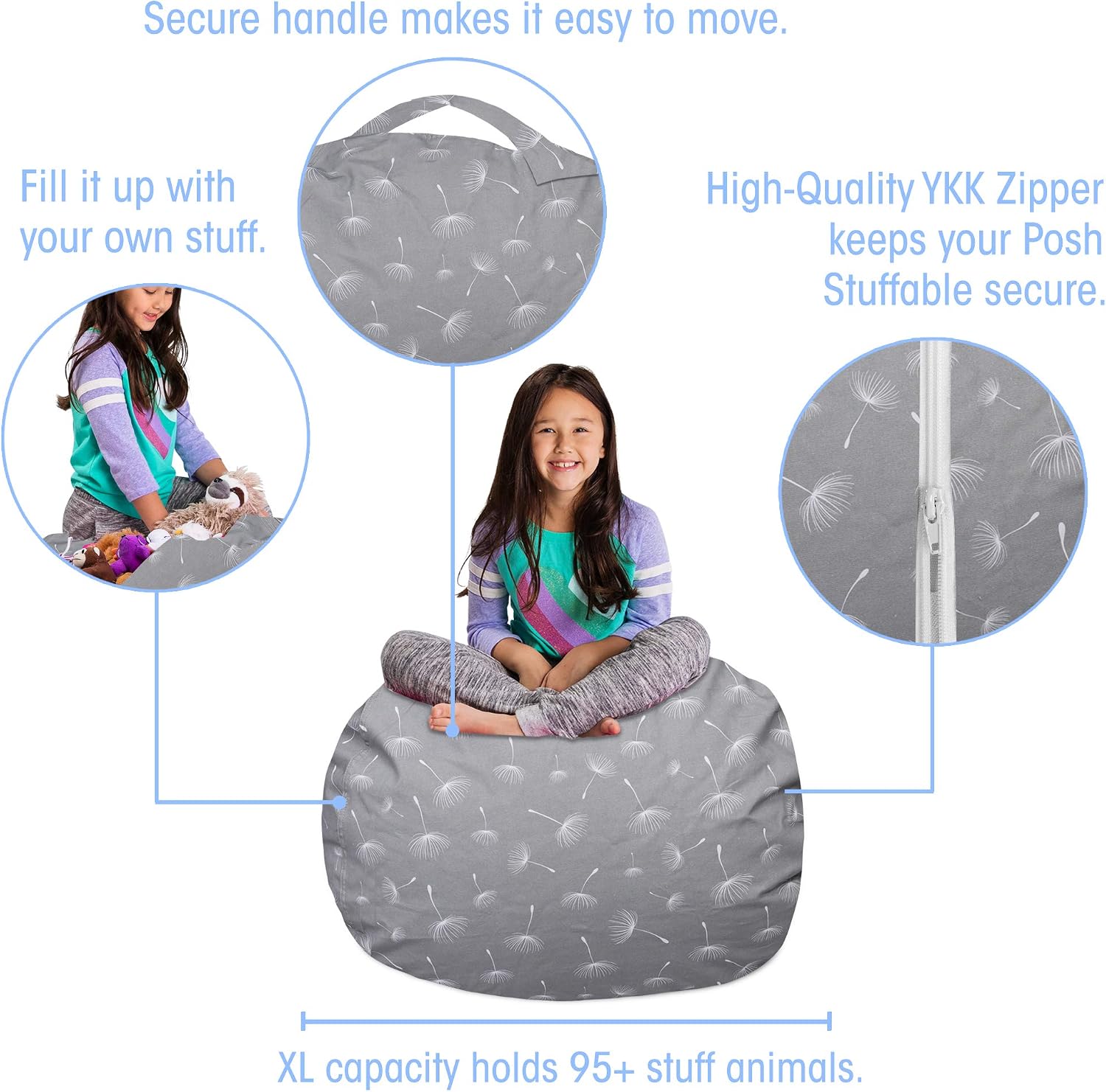 Posh Creations Kids Stuffed Animal Storage Bean Bag Chair Cover - Childrens Toy Organizer, Large-38in, Canvas White Dandelions on Gray