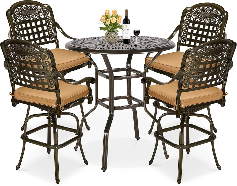 MEETWARM 5-Piece Patio Swivel Bar Set, All-Weather Cast Aluminum Outdoor High...