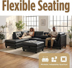 L-Shaped Sectional Sofa with Movable Chaise & Storage Ottoman - 3-Piece Leather Modular Convertible Couch for Living Room, Apartment & Home Office, Gloss Black