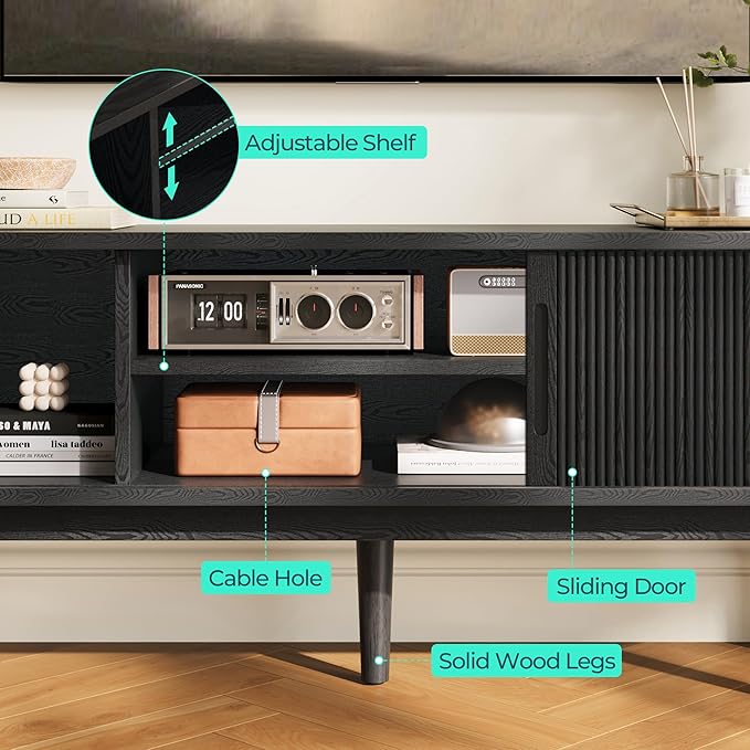LINSY HOME Fluted TV Stand for 65" TV, Mid-Century Modern Wood Entertainment Center with Sliding Tambour Door and Storage Cabinet, Boho TV Media Console Table for Living Room, Bedroom, Black