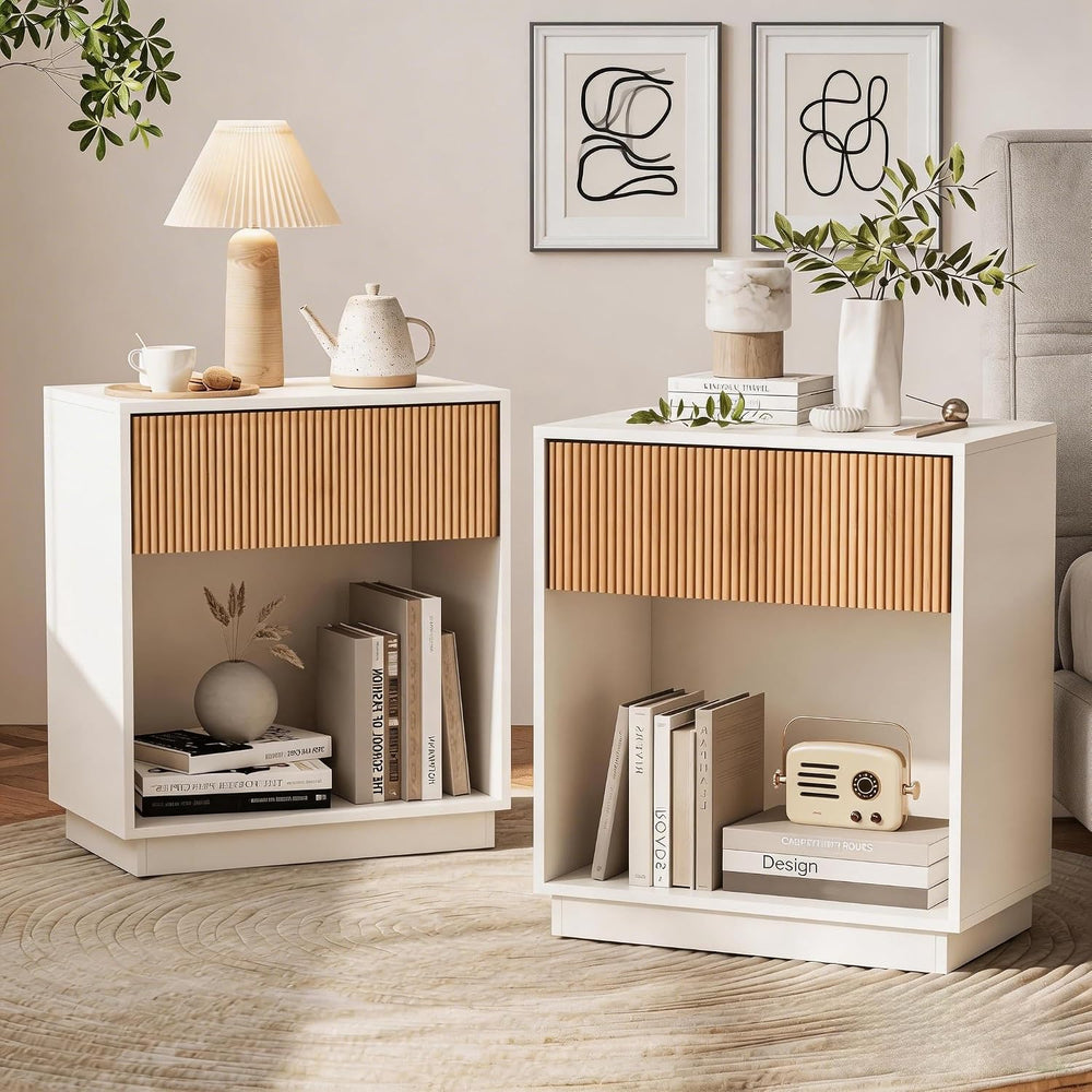 Fluted Nightstands Set of 2 Modern Side Table End Table (White+Oak)