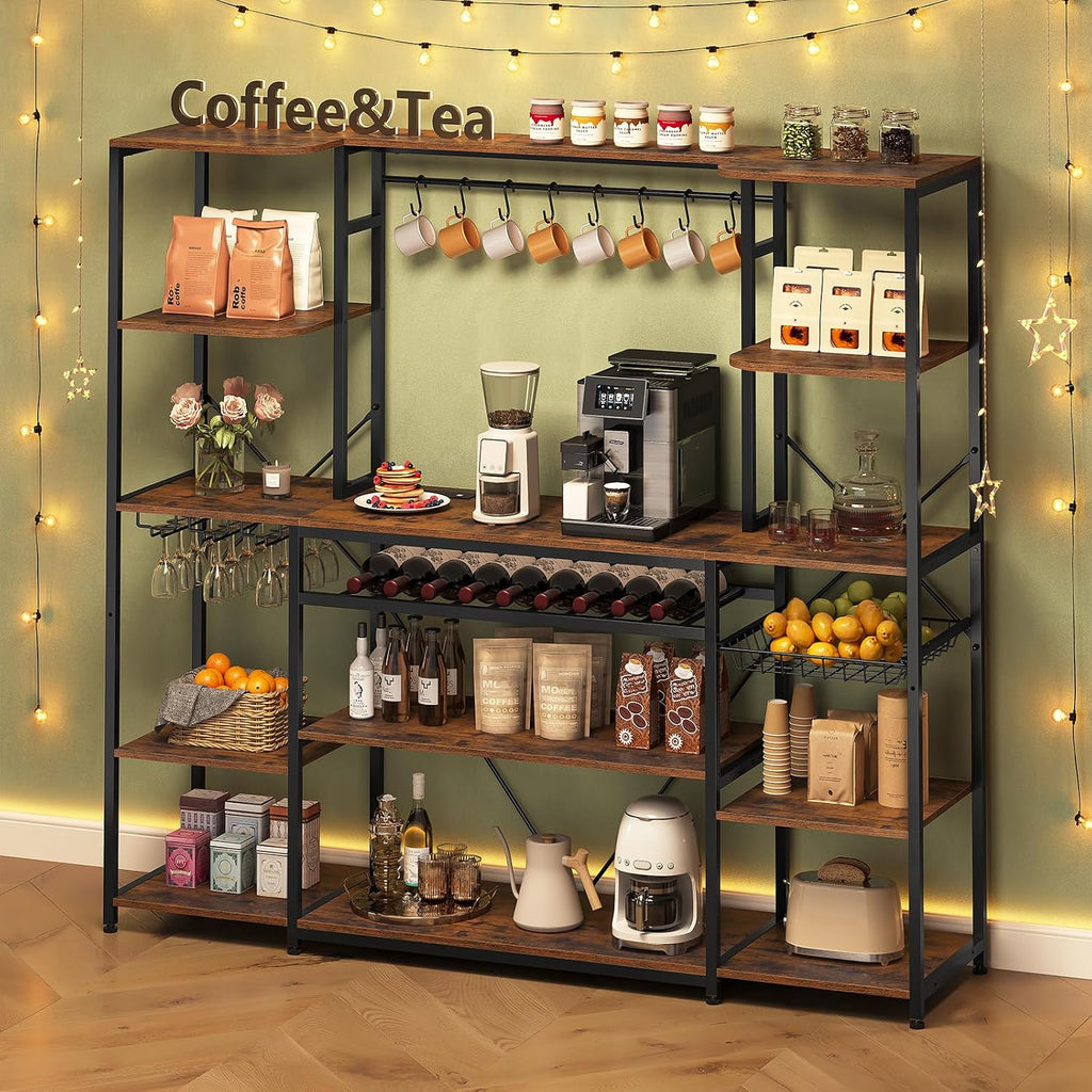 UPOSOJA 62.4in Large Bakers Rack with Power Outlet, Wide Kitchen Microwave Stand with Storage Shelves, 5-Tier Coffee Bar, Wine Rack, Goblet Holder, 8 Hooks, Wire Basket(Rustic Brown, Large)