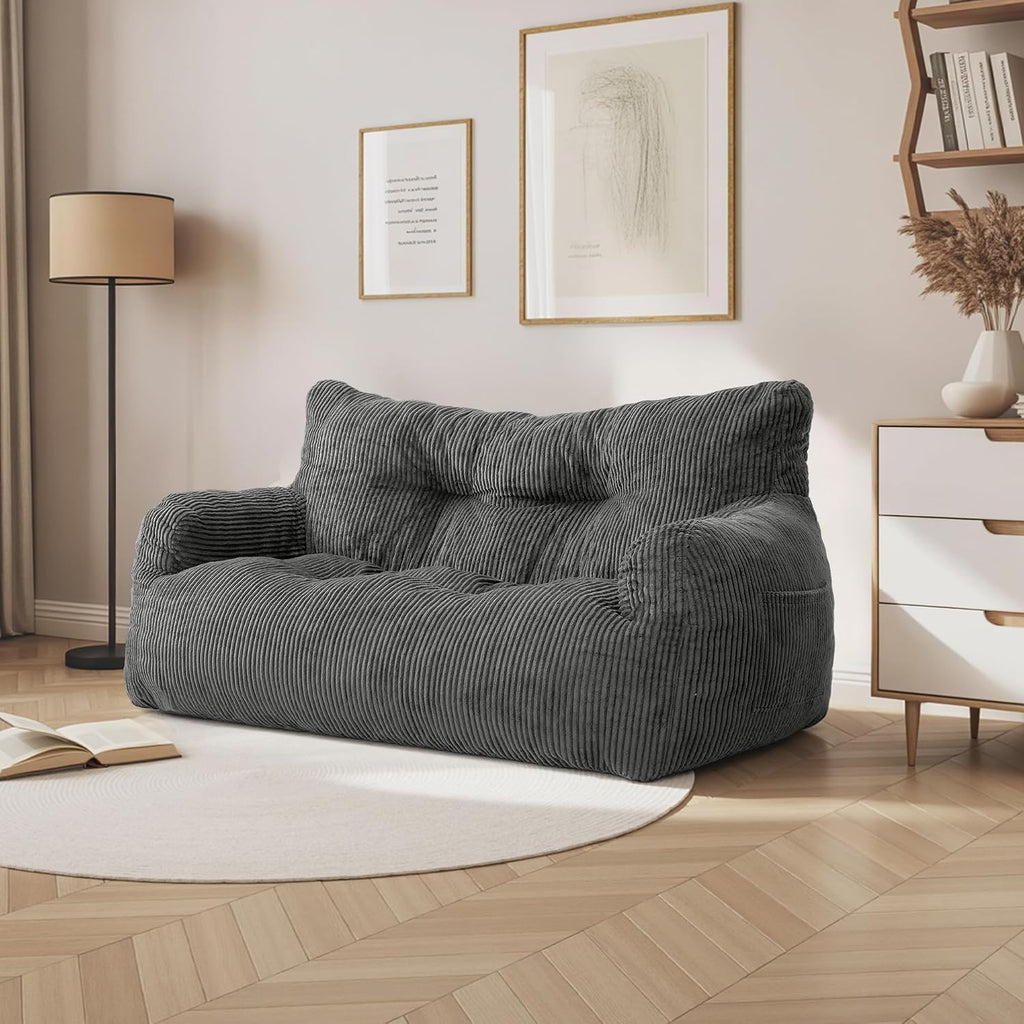 Pamapic 59 Inch 2-Seater Corduroy Bean Bag Chair,Loveseat Sofa with Ultra Soft Fluffy Cover, 72H High Resilience Foam Sofa Bed for Adults, Suitable for Living Room, Bedroom,Grey