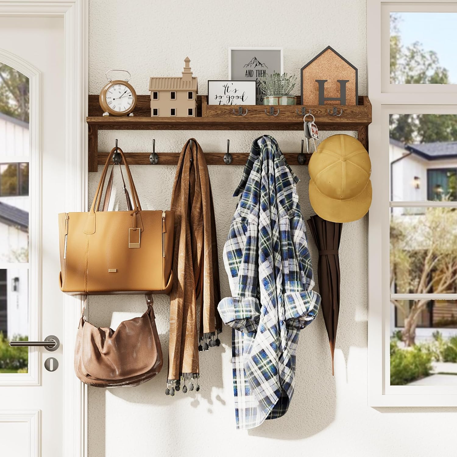 AMBIRD Coat Rack Wall Mount, 35 inch Large Wall Hooks with Shelf, Entryway Shelf with 7 Dual Coat Hooks 4 Key Hooks Mail Organizer, Wooden Coat Hanger and Key Holder Wall Mount