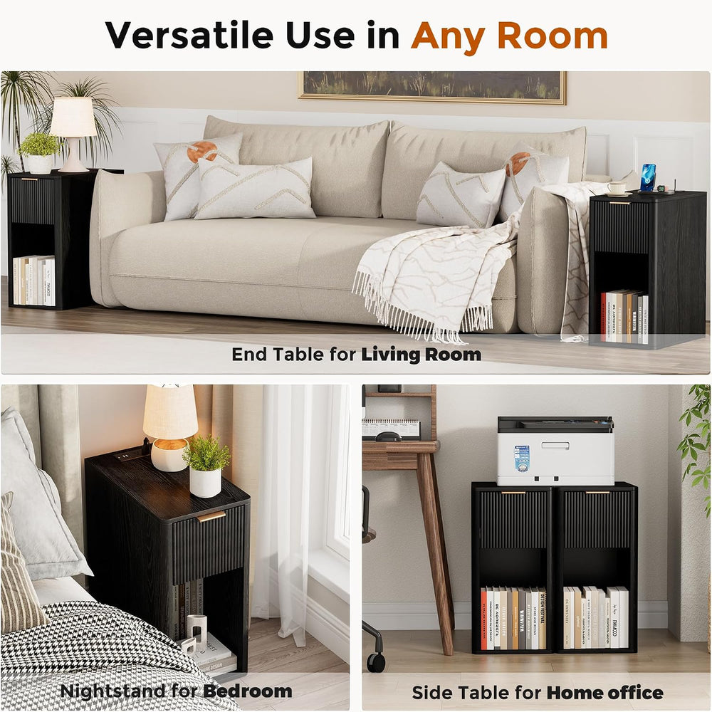 Homleke Narrow End Table with Fluted Drawer and Charging Station, Small Night...