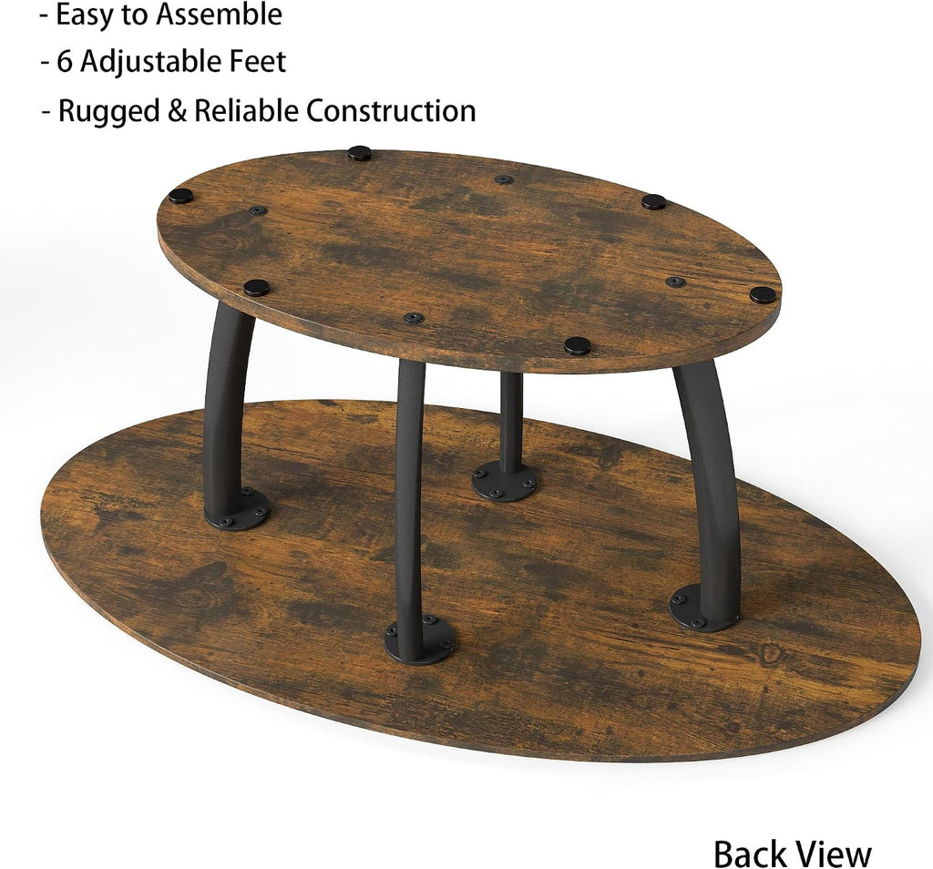 Manora Rustic Small Oval Coffee Table for Living Room, Narrow Wood Center Table with Shelf, Retro Style Coffee Table with Curved Metal Legs, Stable and Easy Assembly, Dark Brown