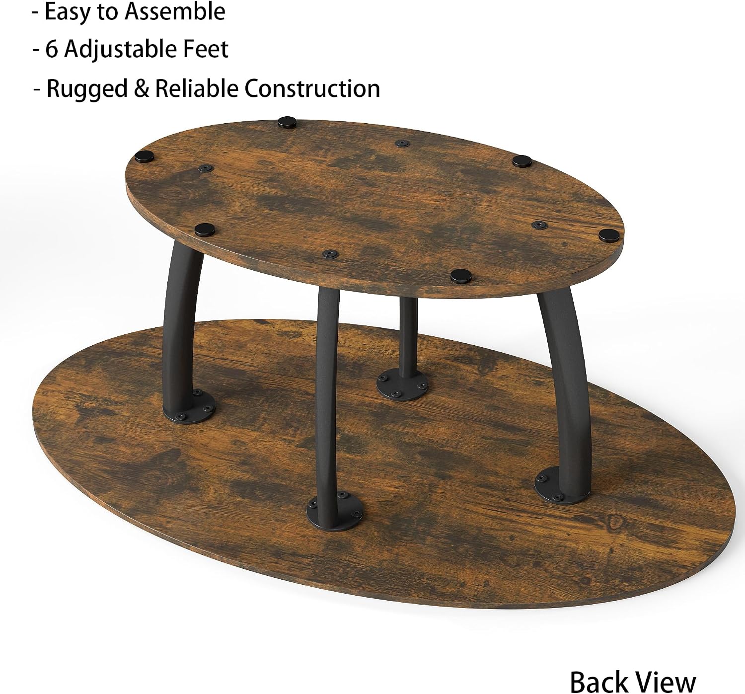 Manora Rustic Small Oval Coffee Table for Living Room, Narrow Wood Center Table with Shelf, Retro Style Coffee Table with Curved Metal Legs, Stable and Easy Assembly, Dark Brown