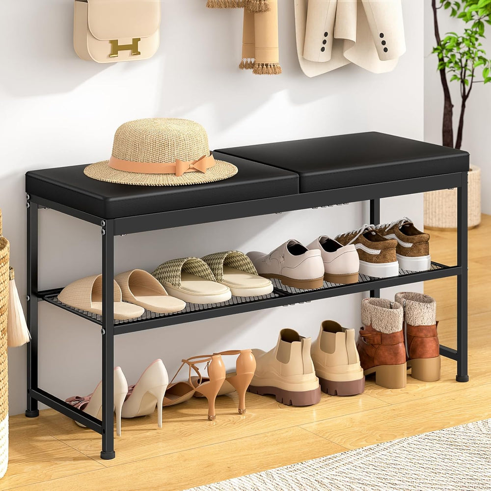 DAOUTIME Shoe Rack Bench, 2-Tier Shoe Storage Organizer with PU Seat Cushion,...