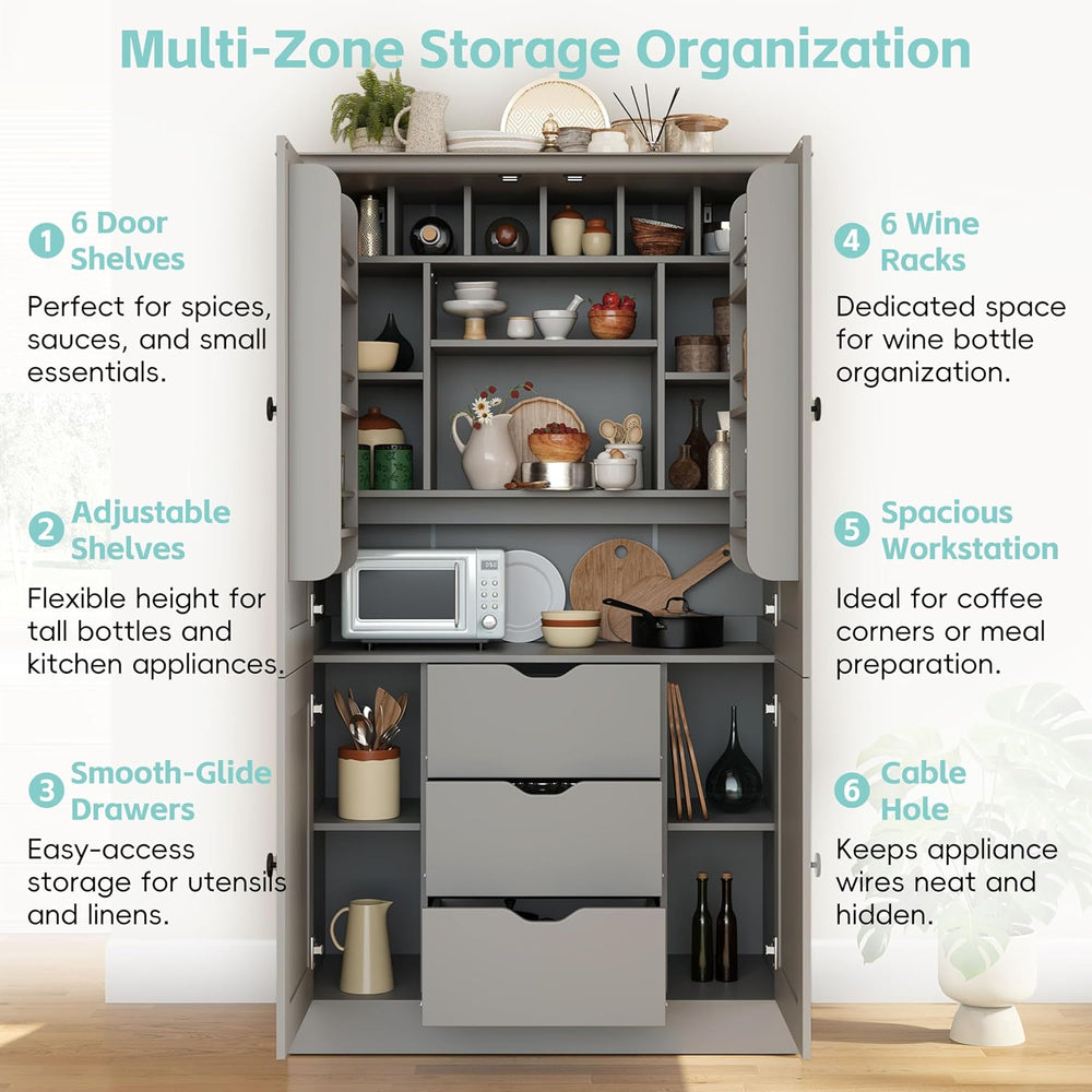 Freestanding Kitchen Pantry,Tall Storage Workstation with 4 Doors, 6 Door She...