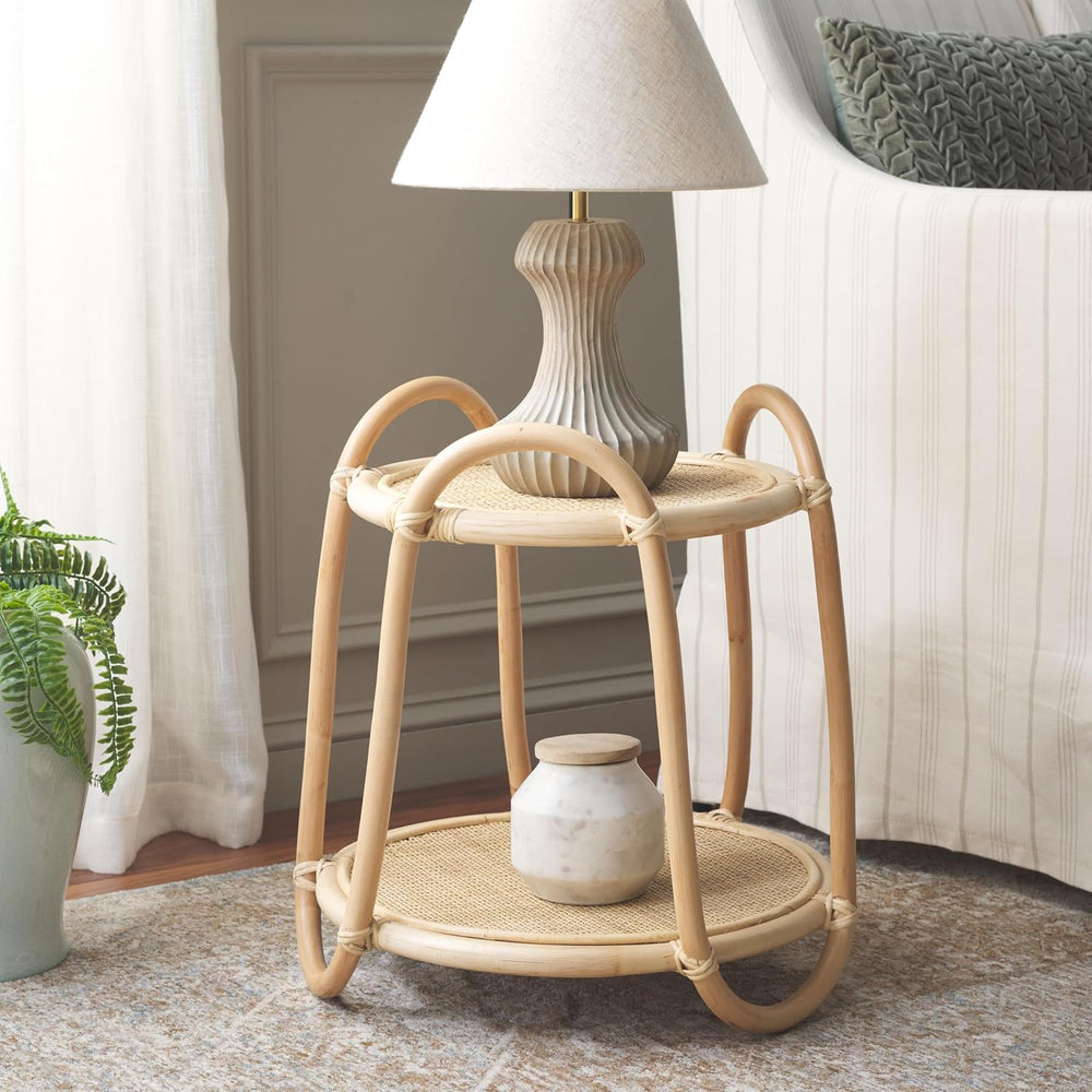 SAFAVIEH Home Collection Althea Boho Tropical Natural Rattan 2-Tier Accent Ta...