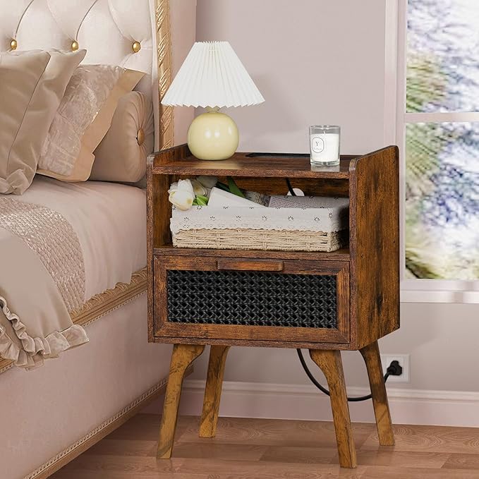 Lerliuo Rattan Nightstand with Charging Station, Side Table with Drawer Open ...