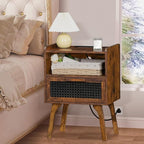 Lerliuo Rattan Nightstand with Charging Station, Side Table with Drawer Open Shelf, Cane Accent Bedside End Table with Solid Wood Legs, Night Stand for Bedroom, Dorm and Small Spaces (Brown)