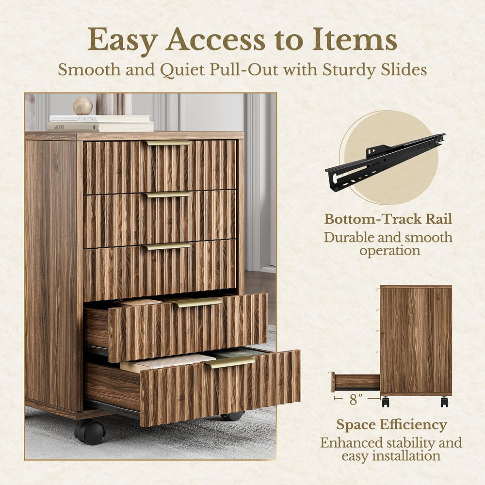 5 Drawer Chest, Under Desk Storage Wood Drawers with Wheels, Fluted File Cabi...