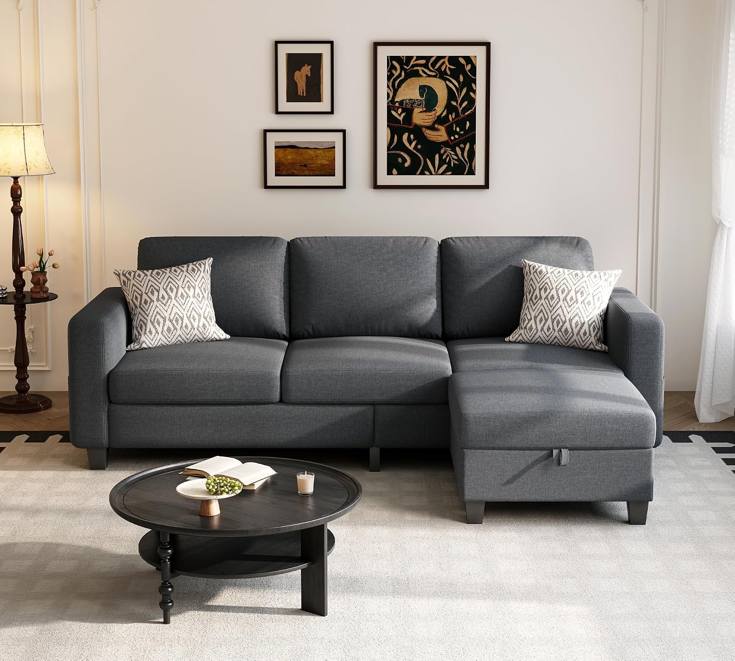 Youmumeub 78" Sectional Sofa Couches for Living Room, 3 Seat L Shaped Convertible Couch with Storage Ottoman, Comfortable Pet-Friendly Linen Sofa Set for Small Space, Apartment, Office, Dark Grey