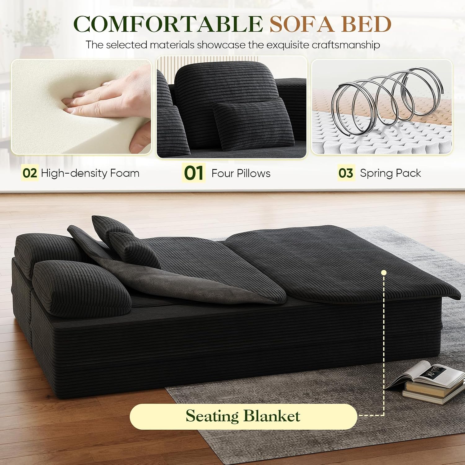 Antetek Convertible Sleeper Sofa, Modern Folding Futon Corduroy Floor Foam Compression Loveseat Sofa Bed Couch, Foldable Full Size Guest Bed with 4 Pillows for Living Room Bedroom Apartment, Black