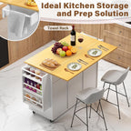YESHOMY Kitchen Island on Wheels with Trash Cabinet, 56" Mobile Cart with Drop Leaf and Drawers, Rolling Portable Table with Spice Rack & Towel Holder for Dining Room, White & Brown