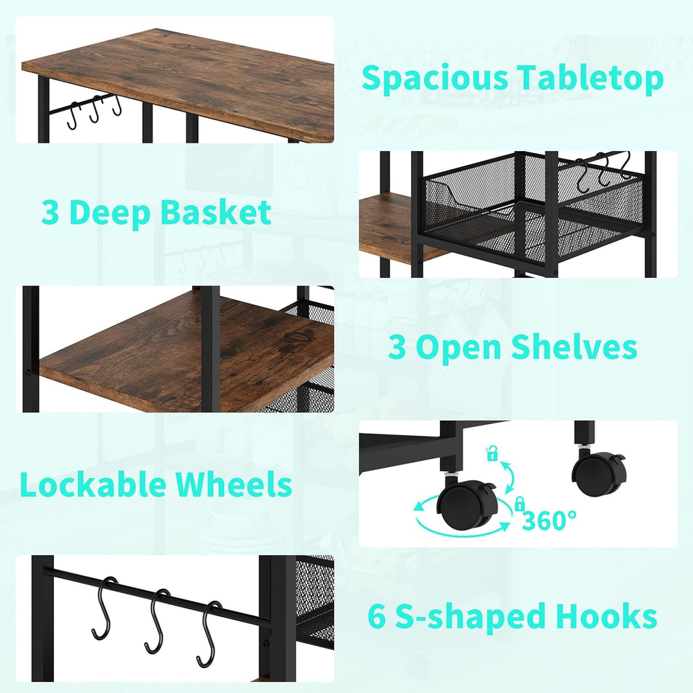 HapiRm Rolling Kitchen Carts with Storage - Microwave Table Stand with 6 Hook...