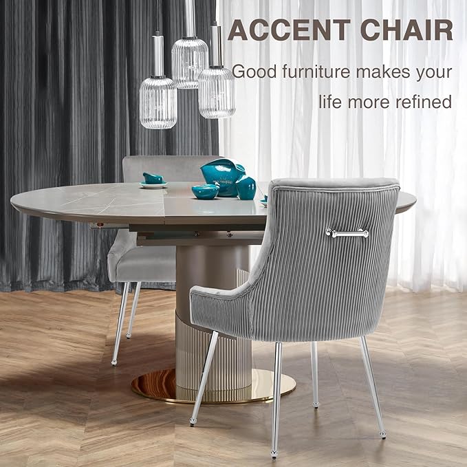 Velvet Dining Chairs Set of 6 with Silver Metal Legs, Modern Upholstered Kitchen Chair with Pull Handle & Pleated Back, Mid Century Accent Chair for Vanity,Dining,Kitchen,Living Room, Grey