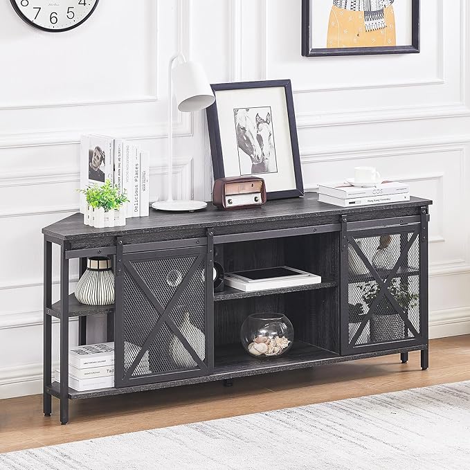 HOMISSUE Corner TV Stand for 55 Inch TV, Rustic Corner Entertainment Center with Storage, Industrial Media Console Table with Sliding Barn Door, Entertainment Center for Living Room, Grey