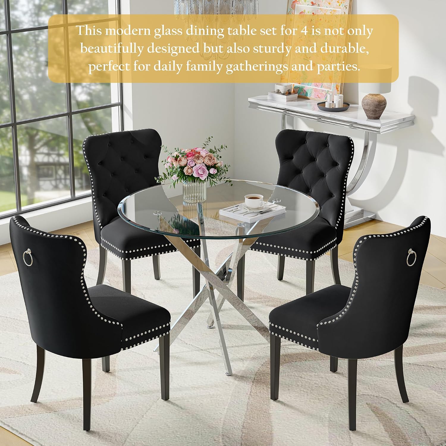 5-Piece Glass Dining Table Set for 4, Include 36" Round Tempered Glass Kitchen Table and 4 Black High Back Chairs for Dining Room, Living Room (Silver Table Legs)