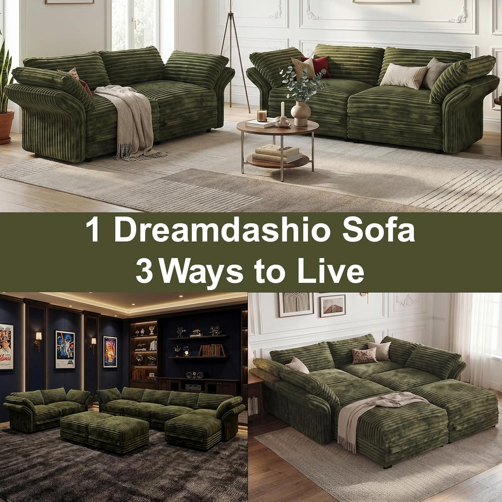 DreamDashio 7-Seat Sectional Sofa, Oversized Extra Wide Deep Seat Giant Detachable Modular Cloud Couch, Certified Corduroy Fabric with Storage & Detachable & Adjustable Arms, for Living Room, Green