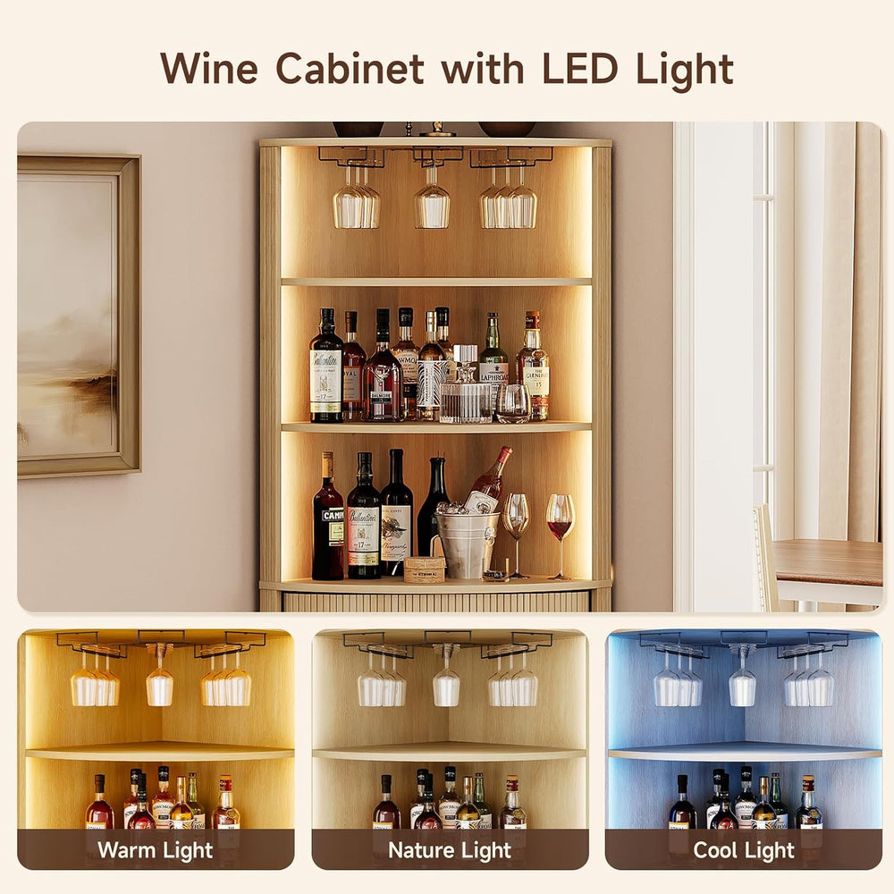 ONBRILL 72" Tall Corner Bar Cabinet with LED Light, Liquor Cabinets, Oak
